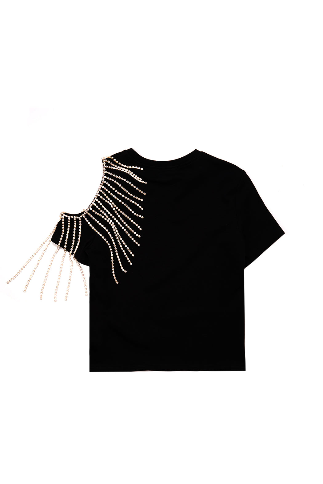 Crystal Fringe Shoulder Cutout Tee - Black