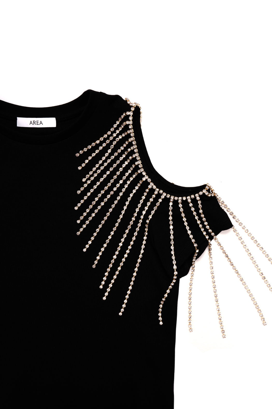Crystal Fringe Shoulder Cutout Tee - Black