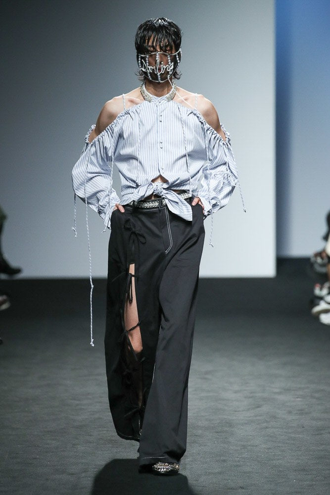 Off Shoulder Beaded Shirt - Stripe Skyblue