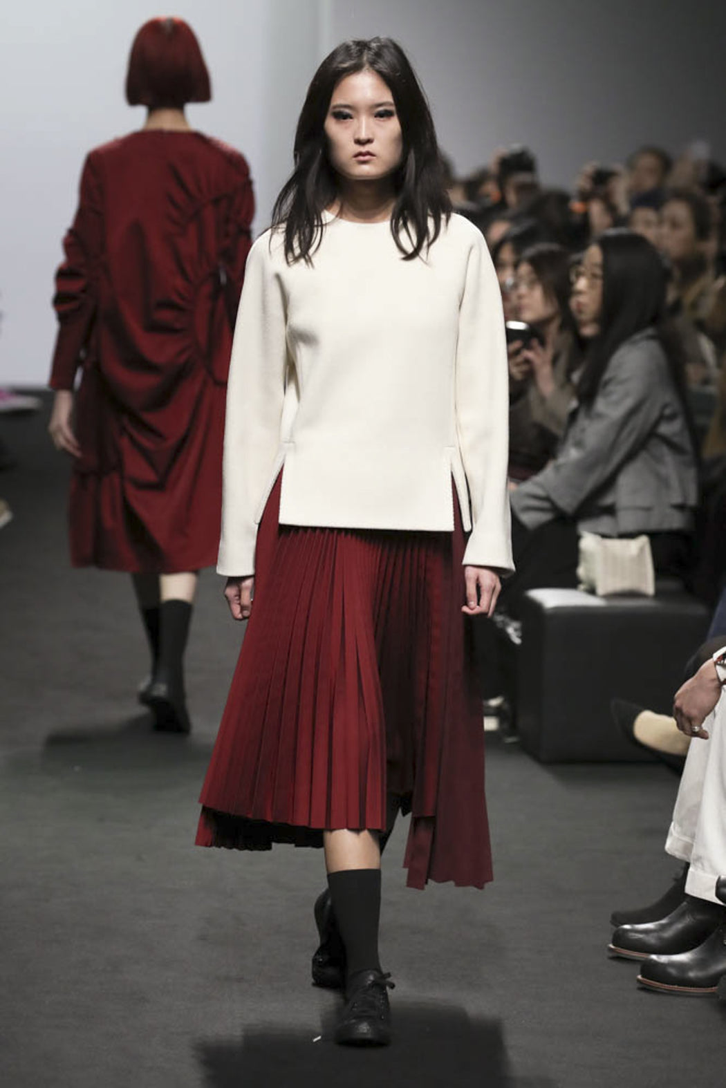 Unbalanced Hem Pleated Skirt - Burgundy