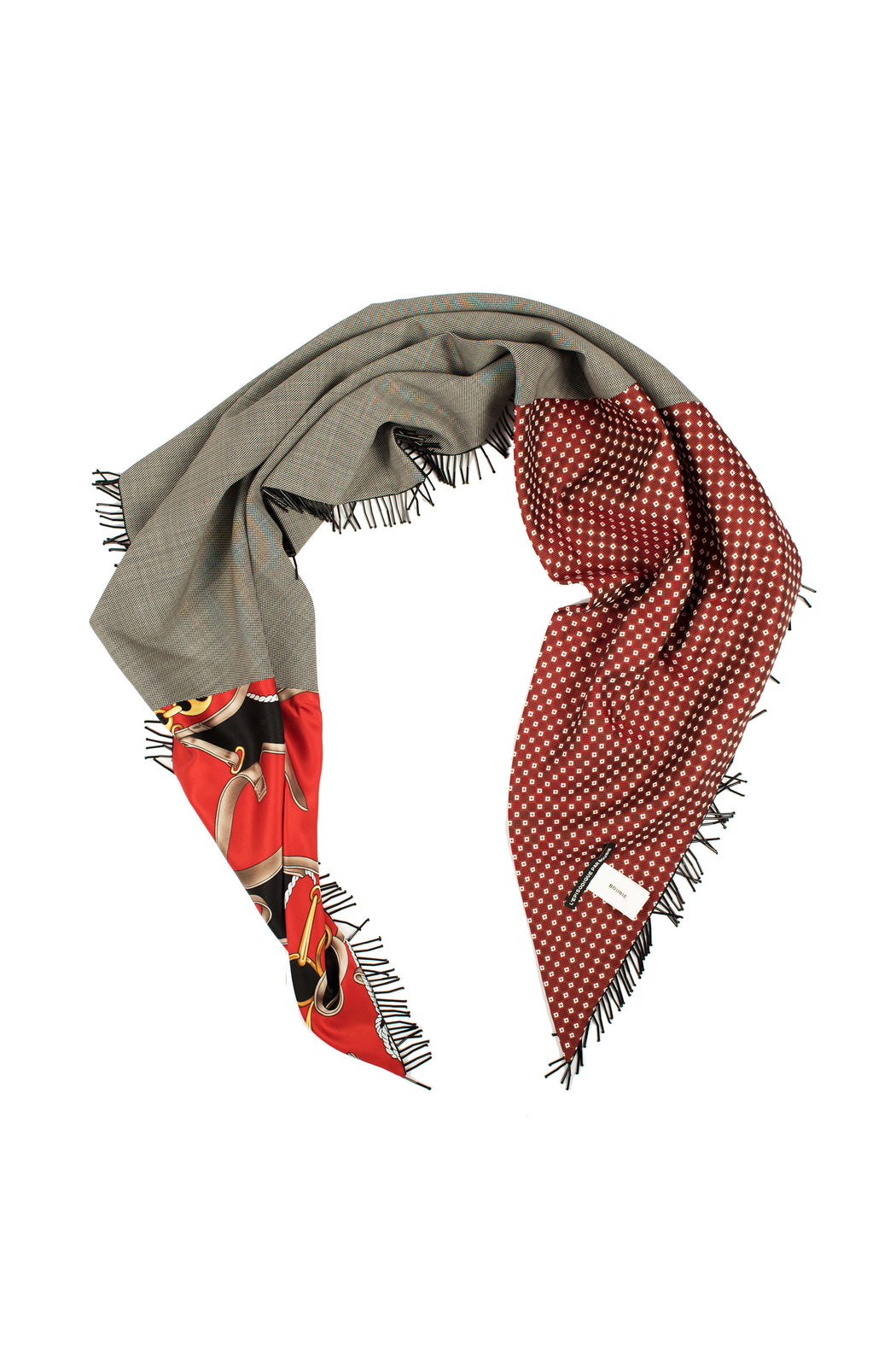 Patchwork Triangle Tassle Scarf - Red/Grey