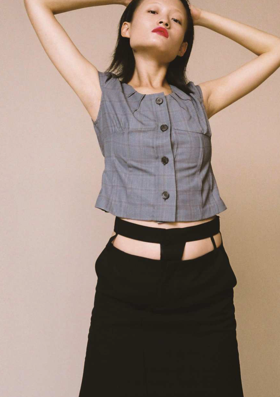 Waist Cutting Midi Skirt - Black
