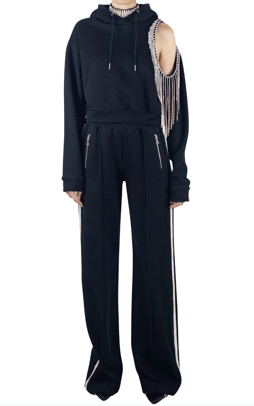Crystal Stripe Wide Leg Trackpant - Black