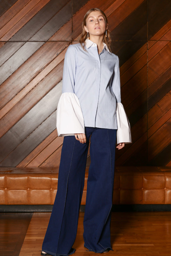 Blue Cotton Shirt w/ White Bell Sleeves
