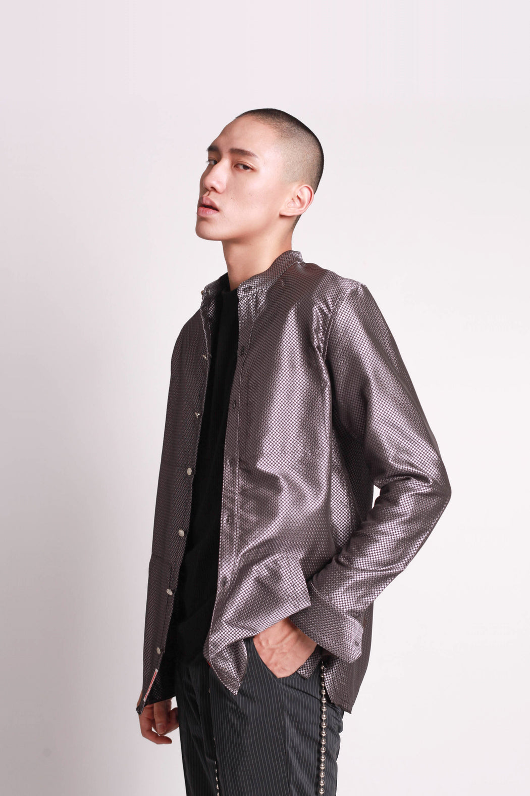 Reverse Mandarin Button Up - Purple/Cube