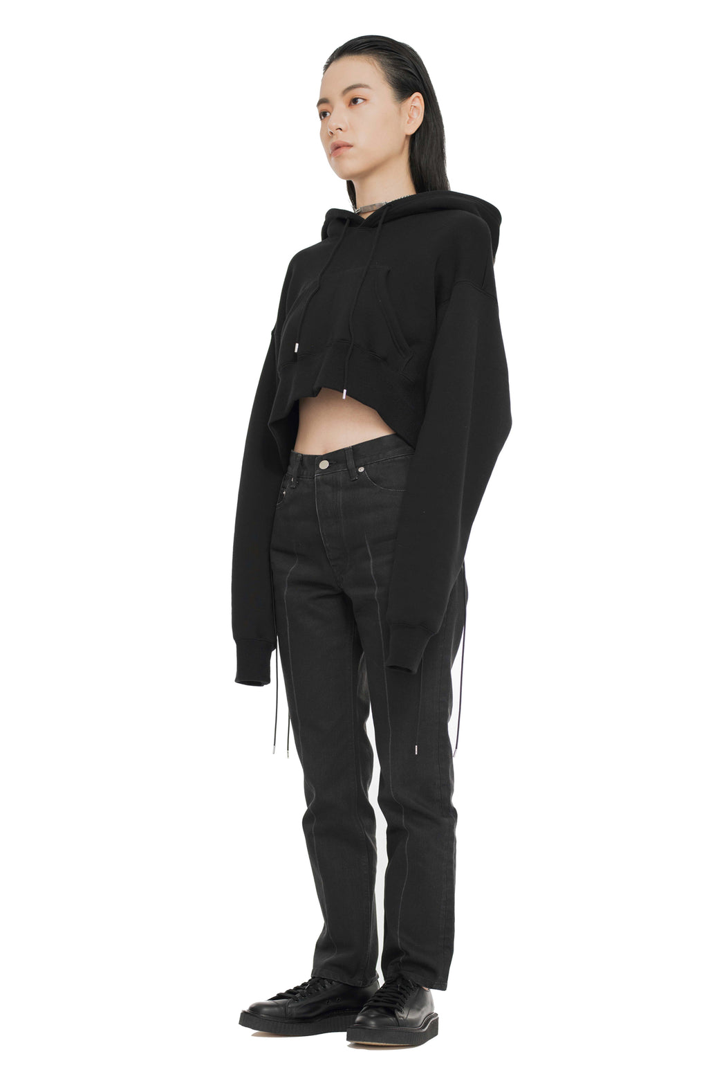 Cropped Hoodie Pullover - Black