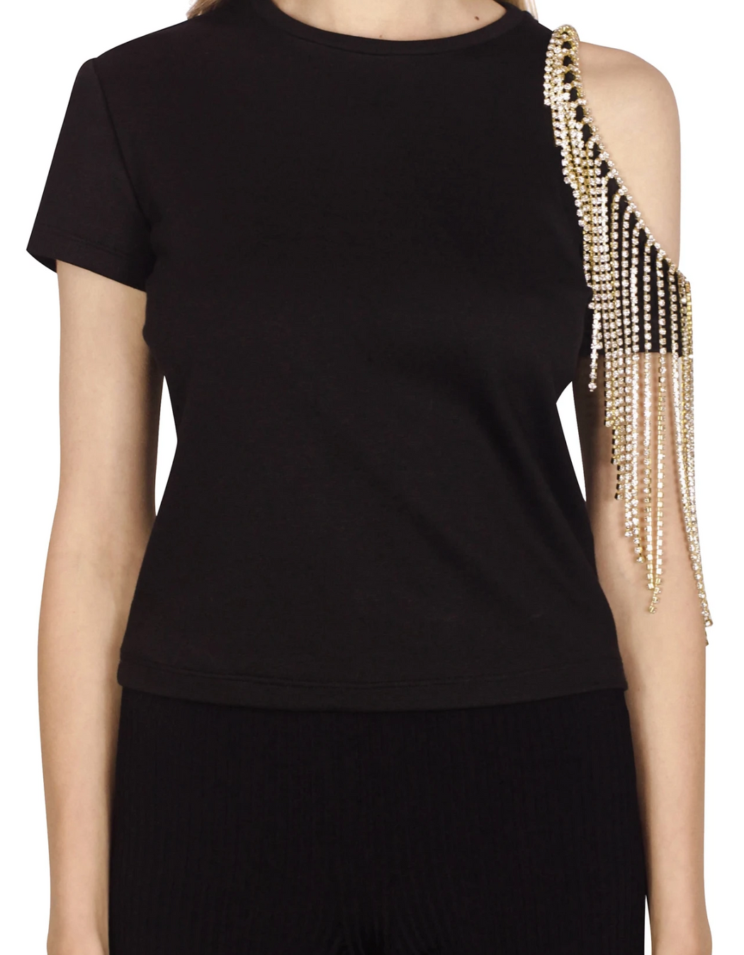 Crystal Fringe Shoulder Cutout Tee - Black