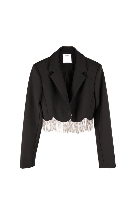 Cropped Blazer with Scalloped Crystal Hem - Black