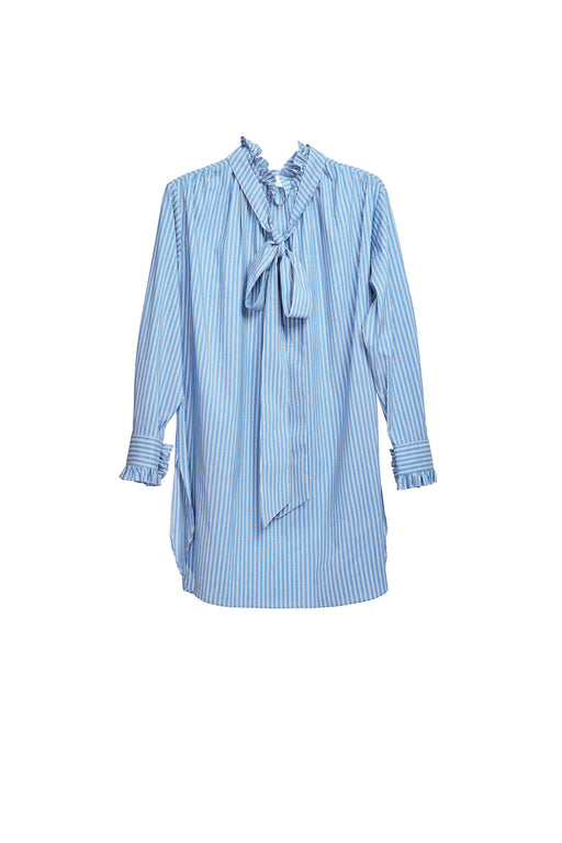 Neck And Cuff Frill Detail Shirt - Stripe Skyblue