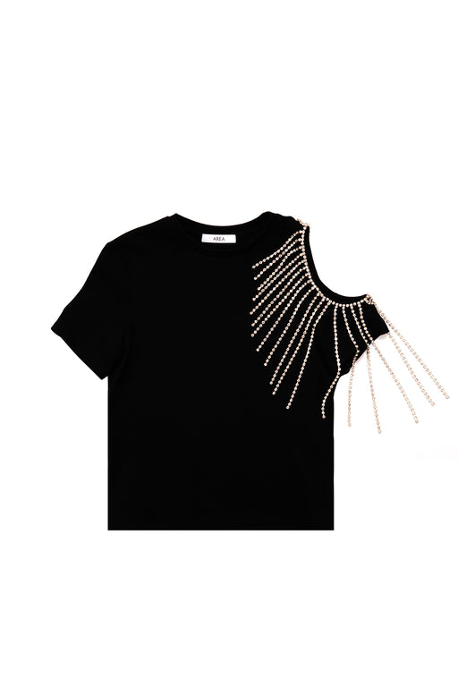 Crystal Fringe Shoulder Cutout Tee - Black