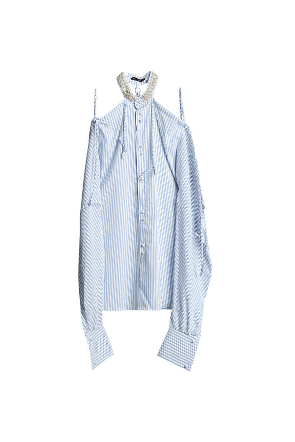 Off Shoulder Beaded Shirt - Stripe Skyblue