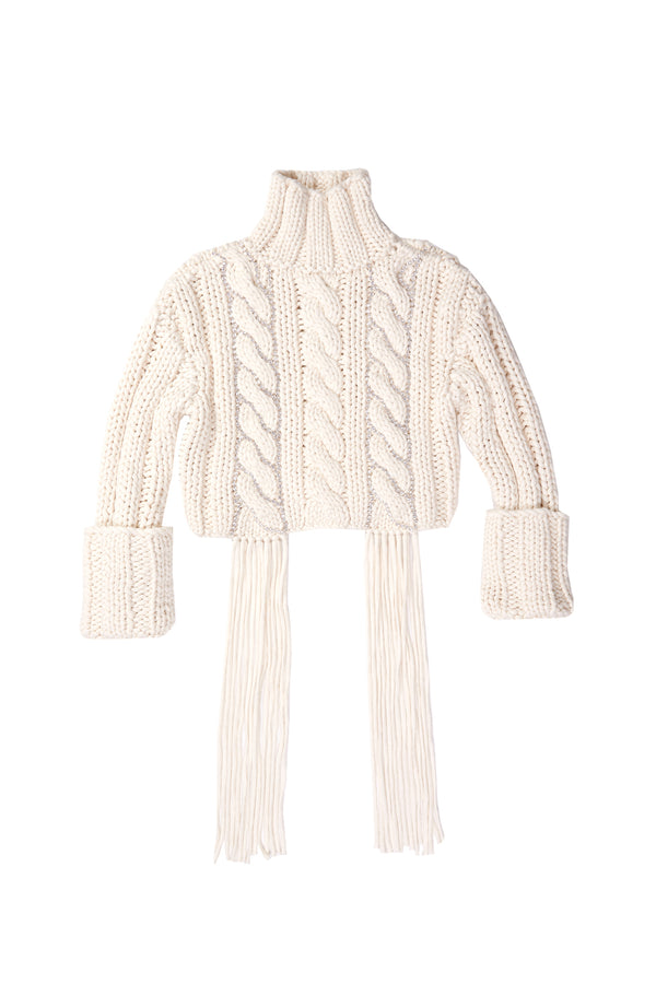 Cropped Cable Knit Sweater - White