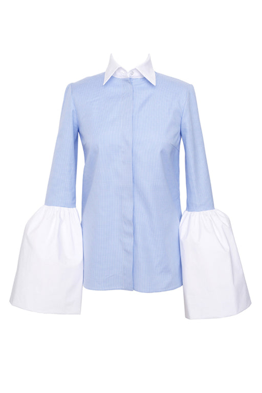 Blue Cotton Shirt w/ White Bell Sleeves